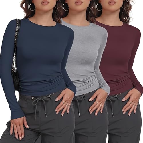 Lista de Camisetas de manga larga para Mujer , tabla con los diez mejores. 41 GOMITA 3 Pack Camisetas de Manga Larga y Cuello Redondo para Mujer,Prendas Básicas Elásticas,Elegantes,Ligeras y Cálidas (MX/US, Alfa, Grande, Regular, Regular, Burdeos + Gris +...