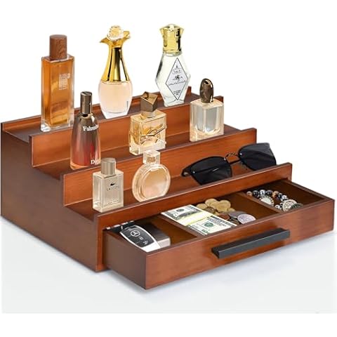 3-Tier Cologne Organizer for Men, Wood Perfume Organizer with Drawer, Cologne Stand Organizer for Organizing and Storage, Perfume Holder for Mens Room Decor, Perfume Display Shelf, Gift for Men Cover