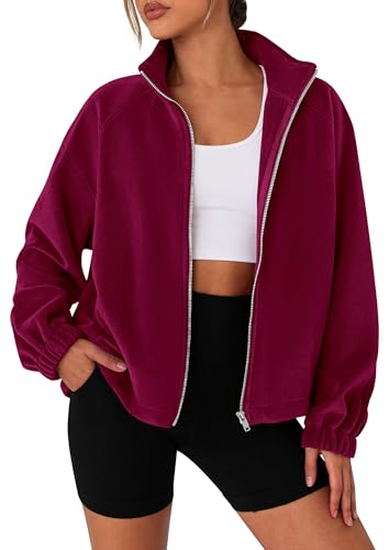 Image of PRETTYGARDEN Womens 2025 Winter Fleece Sherpa Jacket Trendy Long Sleeve Zip Up Cropped Warm Coat Fall Fashion Workout Clothes (Burgundy,Medium)