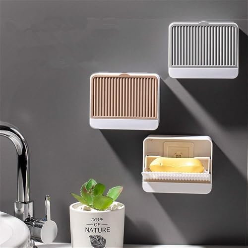 Image of Plastic Creative Wall Mounted One & Two Bar Bathroom Soap Box Holder Soap Dish with Drainage Box Soap Box with Lid Double Grid Soap Draining Rack (1, Door Soap Dish)(Multicolor)