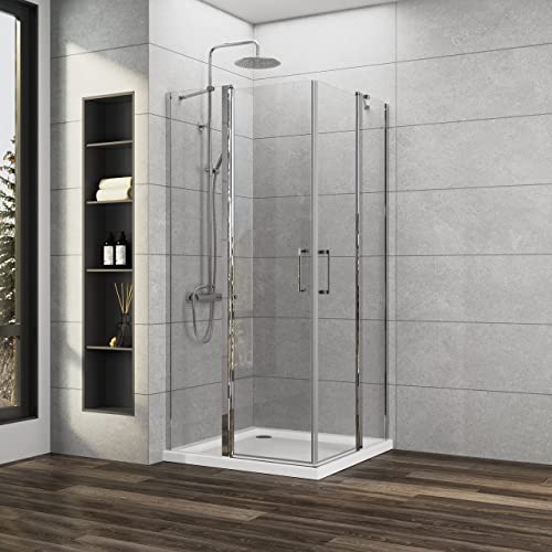 Boromal Duschkabine Schwingtür 80x80 cm Eckeinstieg mit Fester 6mm NANO Beschichtung ESG Glas Drehtür Duschabtrennung Duschwand Höhe 185cm Cover