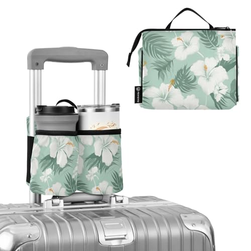 DOMIKING Hibiscus Flowers Leaves Tropical Travel Luggage Cup Holder for Suitcase Free Hands Drink Carriers with Storage Pockets for Coffee Mug Bottle