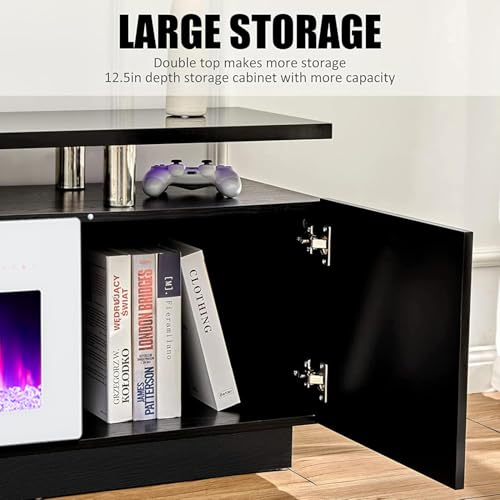 Image of AMERLIFE 70 inch High-Gloss Fireplace TV Stand with 36 inch Electric Fireplace | Black /White LED TV Console, Modern Living Room Entertainment Center, Fits TVs up to 80 inch, 2 Cabinets, 2-Tier Storage Space