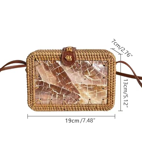 i-lan Handmade Rattan Crossbody Bag Bundle - Round & Square Boho Straw Purse Set - Woven Ata Wicker Shoulder Bag + Clutch for Women, Summer Beach, Brown Bali Straw Handbag3