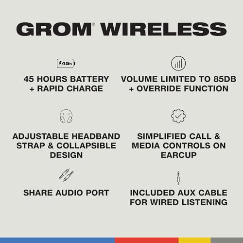 Image of Skullcandy Grom Wireless Headphones, Volume-Limiting Audio, Comfortable Over-Ear Fit, Designed for Kids 6+, Up to 45 Hours Battery, Backup 3.5mm AUX Cable Included with Built-in Microphone - Black