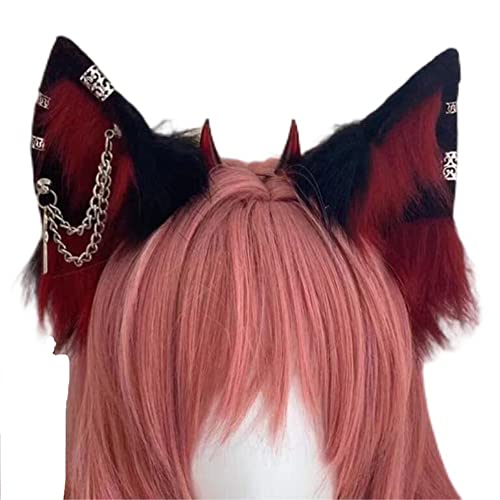 VIGVAN Handgemachte Wolf Fuchs Ohren Cosplay Kopf Zubehör Kawaii Haarband (Kette Schwarz Rot)
