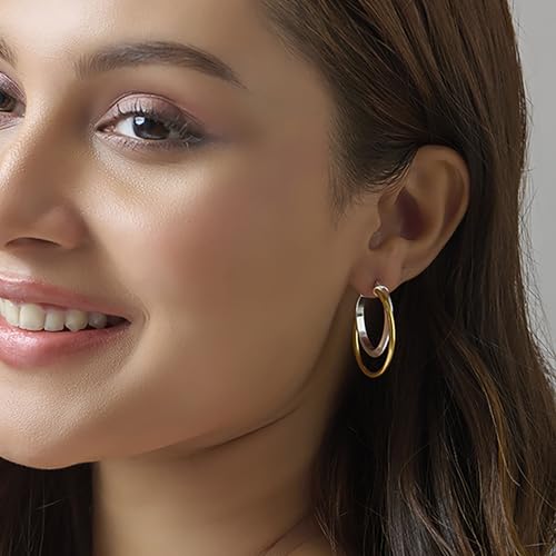 Image of TRUESILVER ACPL 925 Sterling Silver Hoop Earrings for Women | BIS Hallmarked Two-Tone & Three-Tone Intertwined Hoop Earrings | Oval & Round Lightweight Jewelry