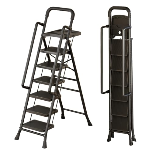 6 Step Ladder with Tool Platform,Folding Step Stool with Handrails,Sturdy& Portable Steel Ladder with Wide Pedal,Portable Safety Ladder for Adults Painting Home Outdoor Garage (Black Color) by FGXXA - Used condition - US$147.19