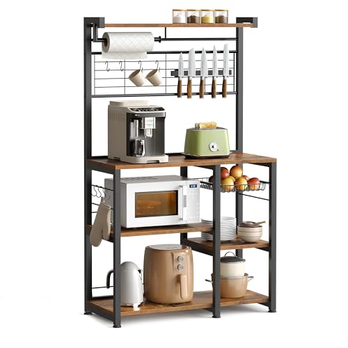 VASAGLE Bakers Rack with Magnetic Knife Holder, Paper Holder, Wire Basket, 8 Hooks, Organizers and Storage, Baker's Rack with Wire Basket, Ebonized Oak Finish and Black UKKS026B42 Ebonized O