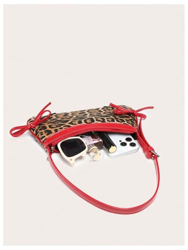 Women's Leopard Print Bow Y2k Shoulder Bag Zipper Studded Underarm Bag Leather Purse4