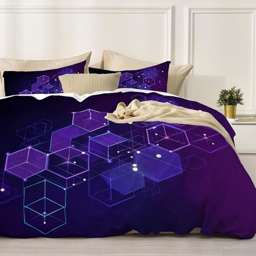 Housse de couette 240x260 violette avec 2 taies d'oreiller imprimé hexagone