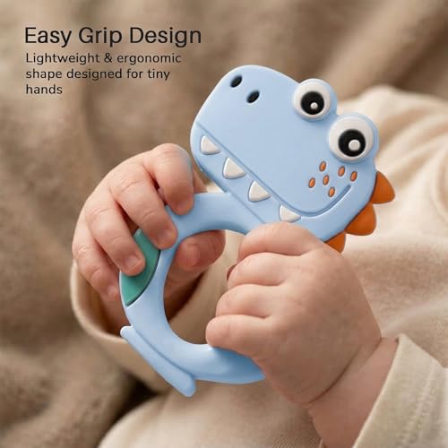 Image of Baybee Dino Teether for Baby Easy to Grab & Hold | 100% Food Grade Silicone & BPA Free Teething Toys for Babies | Baby Pacifier & Soft Chew Toy Teethers for 6 to 12 Months Boys Girls (Blue)