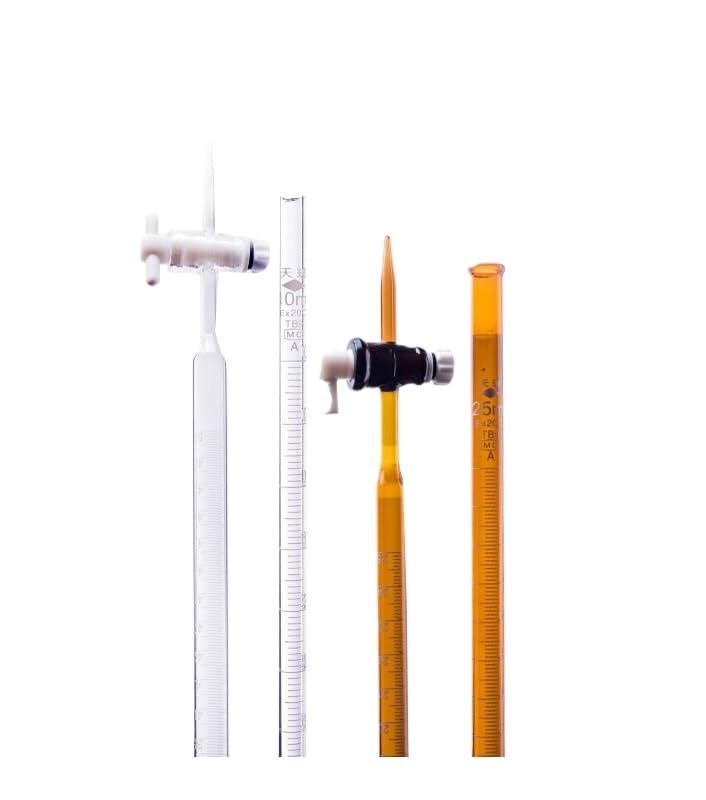 Buretta in Vetro Classe A con Rubinetto PTFE - 10ml, 25ml, 100ml Tubo di Titolazione per Acido & Alcali, Linea Blu Schellbach/Ambrato/Chiaro, Borosilicato 3.3(White acid 25ml)