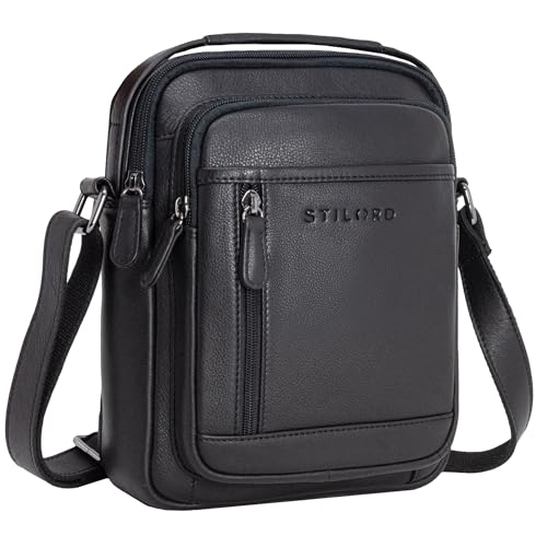 Bolso bandolera de piel para hombre STILORD con asa para tablet de 8 pulgadas en color negro