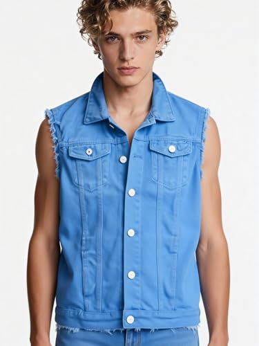 Image of Men's Sleeveless Ripped Denim Vest Casual Slim Fit Button Down Jeans Vests Jacket