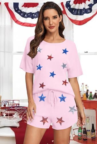 Image of VILOVE 4th of July 2 Piece Sequin Outfits Women 250 Anniversary Usa Shirts and Short Sets Casual Patriotic Shirt Summer Set