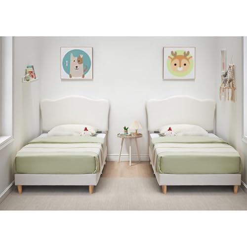 GAOMON Stylish Upholstered Bed Frame for Kids – Cute Scallop Soft Headboard, Sturdy Wooden Slats, Noise-Free, Modern Low Profile, Easy Assembly –