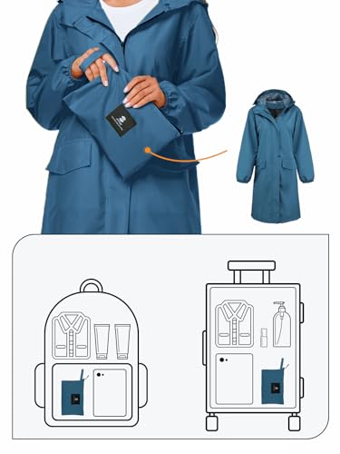 Womens Long Hooded Rain Jacket Waterproof Lightweight Raincoat Windbreaker Deep Blue Large - Thumbnail 2