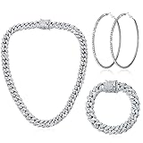 Cuban Link Chain Necklace Bracelet Rhinestone Hoop Earrings Set Bling Necklace Bracelet Crystal Big Circle Earrings for Girls (Silver,20 Inch)