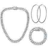 Batiyeer Cuban Link Chain Necklace Bracelet Rhinestone Earrings Bling Necklace Bracelet Crystal Big Circle Earring for Women(Silver, 20 Inch)