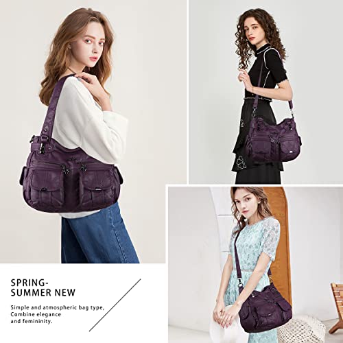 Image of Angel Kiss Women's Designer Handbag Large Double Zipper Multi Pocket Washed Leather Purse