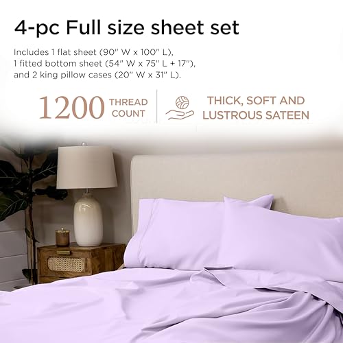 Image of Threadmill 1200 Thread Count Supima Cotton Full Sheet Set, Sateen, Lilac | 100% Supima Cotton, Sateen Weave, 4-Piece Set, 17 inch Deep Pocket, All-Around Elastic, Fade-Resistant, Hotel Quality