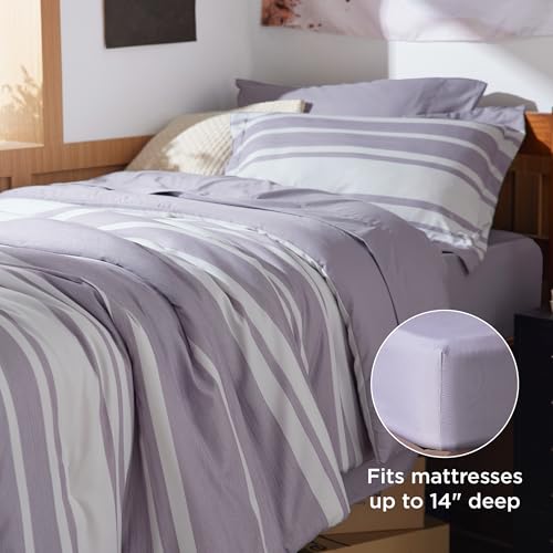 Image of Bedsure Twin XL Comforter Set 5 Pieces, Purple Striped Bedding Set for All Seasons, Reversible, Cationic Dyeing Bed in a Bag with Comforter, Sheets, Pillowcase & Sham