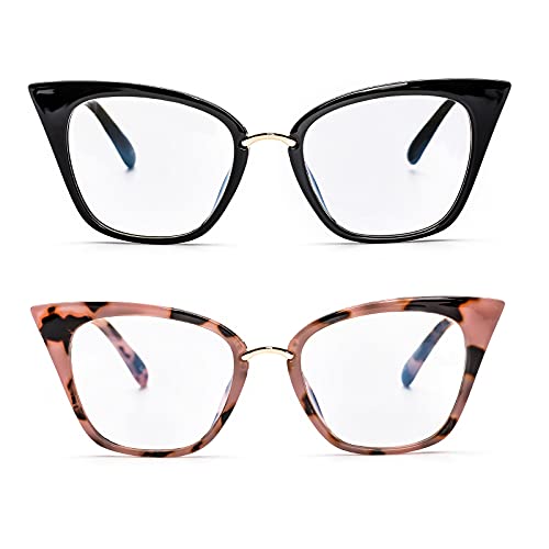 ZUVGEES 2 Pack Womens Cute Oversized Cat Eye Blue Light Blocking Reading Glasses Fashion Eyeglass Frames Large lens Computer Readers (Black+Pink, 1.25)