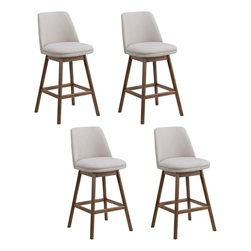 Image of Rowan 26 inch Swivel Counter Height Stool in Walnut Finish with White Fabric Upholstery Seat - Kitchen or Dining Room Furniture, Set of 4