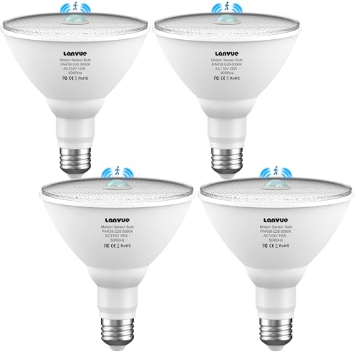 lanyue Motion Sensor Light Bulbs, Dusk to Dawn Outdoor Lighting, PAR38 Led Motion Sensor Flood Light 100 Watt Equivalent(15W), 6000K Daylight, Waterproof Outdoor/Indoor,(4 Pack)