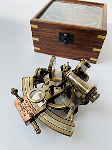 Image of Malla Inc. Nautical 5 inch Brass Working Navigational Sextant with Compass in Hardwood Box - Marine Sextant