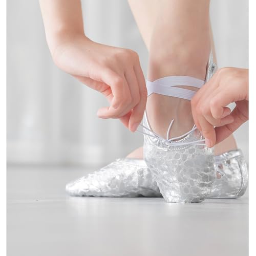 MSMAX Girl's Spot Pu Ballet Dancing Yoga Practise Shoes,Silver,10 M US4