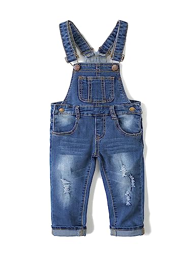 KIDSCOOL SPACE Petite Fille Garçon Jean Salopette, Pantalon Slim Mignon Denim Déchiré Pour Tout-Petit, Bleu Foncé, 9-12 Mois