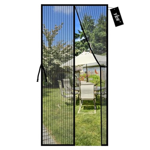 YRH Magnetic Fly Screen Door with Stay Open Buckles - Heavy Duty Self-Sealing Mesh No Drill Installation Powerful Magnets Full Frame Magic Tape (90x210 cm Black)