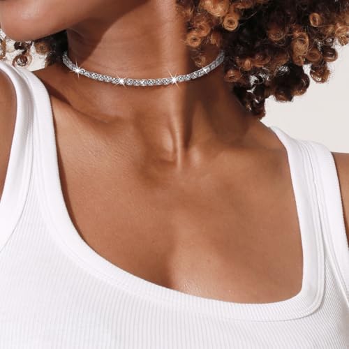 Sparkly Silver Rhinestone Choker Necklace for Women Party Prom Wedding