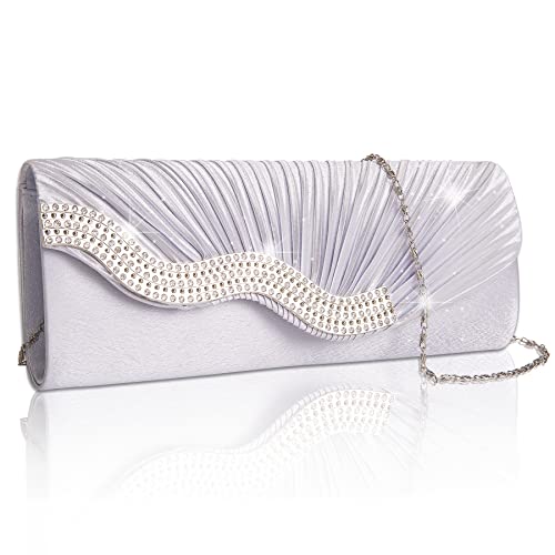 Larcenciel Women's Clutches, Silver Satin Pleated Diamante Evening Bags with Detachable Chain, Envelope Handbags for Ladies, Elegant Cross Body Shoulder Bags Purse Wallet for Bridal Prom Party Wedding