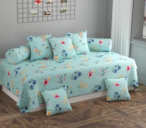 Image of NHD HOME diwan Set for Living Room, diwan Set Covers Glace Cotton, diwan Set 8 Pieces (1 Single Bedsheet, 5 Cushion Covers, 2 Bolster Covers) (Color-Light Green) Abstract