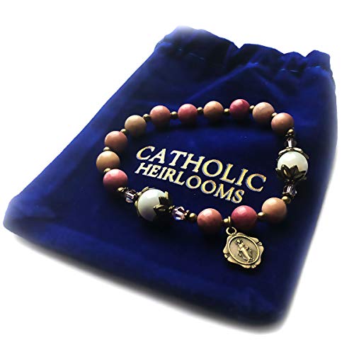 Pink Rhodonite and Mother of Pearl Stone Catholic Rosary Bracelet for Women with Virgin Mary Our Lady of Graces Medal Charm - Catholic Gifts Women3