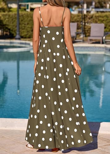 Image of KIRUNDO Womens Polka Dot Spaghetti Strap Flowy Maxi Dress | Sleeveless V Neck Boho Long Dresses, 2026 Summer Beach Vacation Cruise Outfits, A-Line Backless Sundress With Pockets