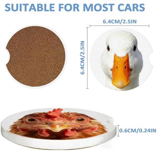 Duck & Rooster Car Coasters 2 Pack - Absorbent Ceramic Cup Coasters with Finger Notch & Anti-Slip Cork Base, 2.6" Auto Cup Holder Coasters for Car Interior Accessories (Women/Men) — view 2