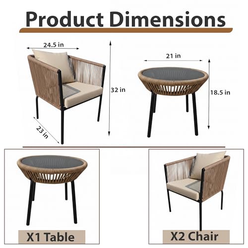 Image of OUTLIVING Braid & Rope 2 Seater Garden Patio Seating Chair and Table Set Outdoor Balcony Garden Coffee Table Set Furniture with 1 Table and 2 Chairs Set with Cushion (Beige)