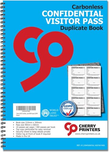 Cherry Printers NCR Confidential Visitor Pass 90mm x 60mm Duplicate Book 300 Passes GDPR **2 Pack**