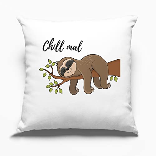 Kissen mit Spruch - Chill mal | Deko-Kissen mit Faultier Motiv inkl. Füllung | 40 x 40 cm | Geschenkidee für Freunde, Familie oder Lieblingskollegen I Phrase1 Cover