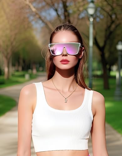 Image of FEISEDY Sunglasses for Women Men, Fashion Mirrored Single Lens Shades | 80s Rave Neon Oversized Sun Glasses, Driving Beach UV400 Sunnies B2996