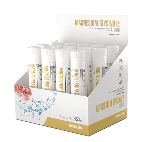 Maxler Magnesium Glycinate Liquid - Erdbeere - 14x25ml - Vegan - 375mg Magnesium Chelate - Mit Vitamin B6 - Magnesiumbisglycinat-Chelat - Flüssige Form - Hohe Bioverfügbarkeit - 14 Portionen