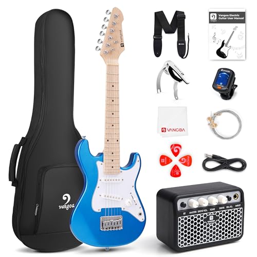 Image of Vangoa 30 Inch Kids Electric Guitar Starter Kit with Amp - Blue | Ergonomic body with gloss finish. 2 single-coil pickups, 3-way switch (rock /blues /funk). Smooth maple neck, stable tuning