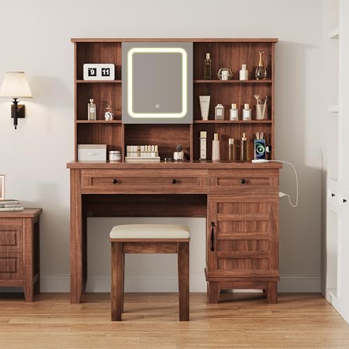 Farmhouse Makeup Vanity Desk with Solid Wood Stool, Makeup Vanity with Mirror and Lights & Power Outlet, Makeup Table with 2 Drawers, Dressing Table with Glass Top for Bedroom Dressing Room, Brown