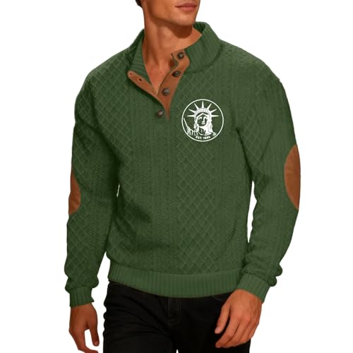 Vhersily Sudaderas de Hombre Jacquard Casual de Manga Larga Jersey con Botones Cuello Regular Fit Sweatshirts con Impresión 3D de Punto Grueso Sin Capucha Cómodo para Ocio Regalo Navidad, Verde, M