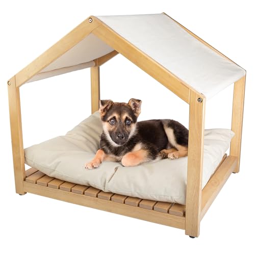 Dog House - 30x24-Inch Indoor Dog House with Soft Cushion and Adjustable Canopy - Wood Dog Furniture for Small to Medium Pets up to 70lbs by PETMAKER by PETMAKER - Used condition - US$76.39