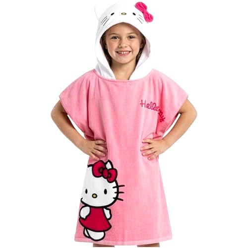 Hello Kitty Toalla de baño con capucha para niños, absorbente, kawaii, bata cambiadora, poncho para natación, toalla de playa, Cinnamoroll Kuromi Holiday Essentials (poncho rosa, Hello Kitty, 4 9 años